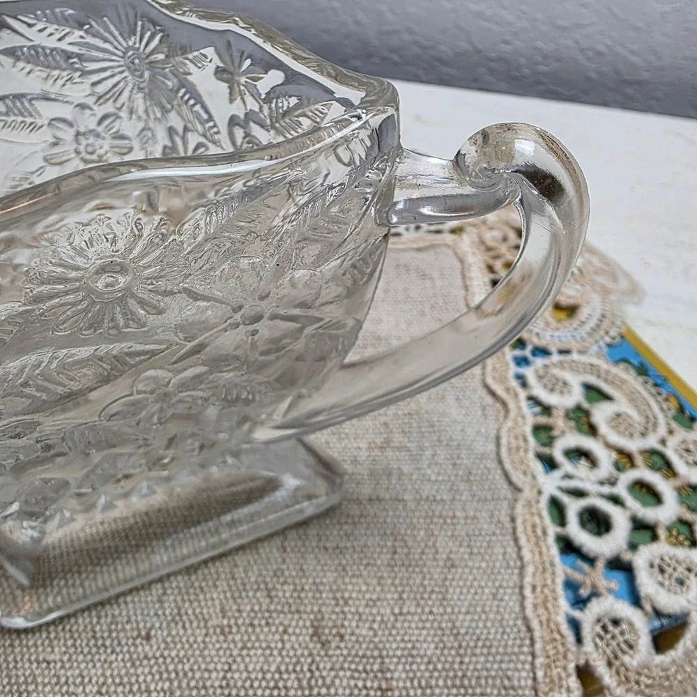 Vintage Indiana Glass Pineapple & Floral Creamer and Sugar Bowl Set Diamond Base